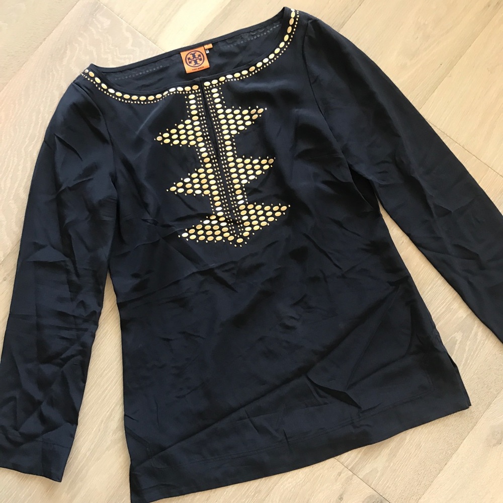 Tory Burch Navy Silk Tunic with Gold Embellishment